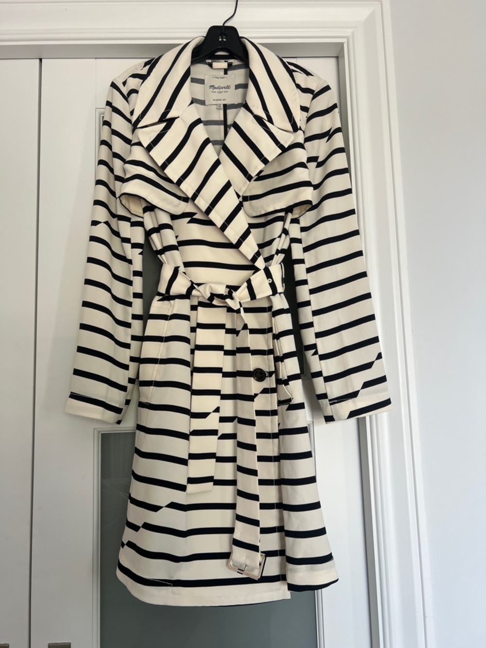 Madewell Black and Cream Striped Belted Trench Coat